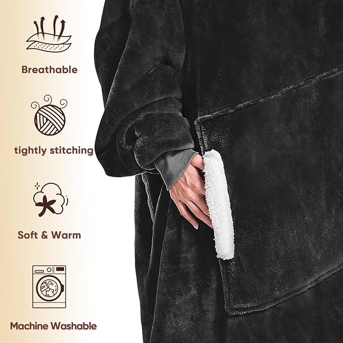 yescool Wearable Blanket Hoodie, Flannel Sherpa Fleece Blanket Sweatshirt for Adults Women Men,One Size Fits All