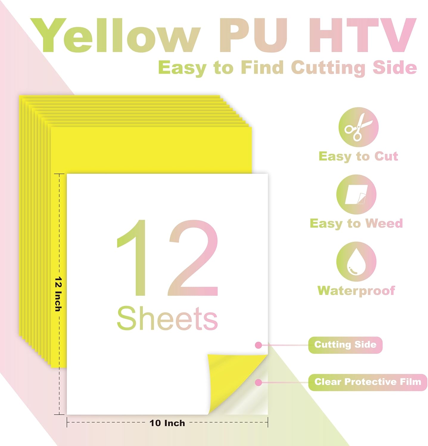 Yellow PU Heat Transfer Vinyl, 12 Pcs 12"x10" HTV Sheets – Soft & Stretchable Iron-On Vinyl, Easy to Cut & Weed, Compatible with Cricut & Silhouette – Great for DIY Family Shirts & Crafts