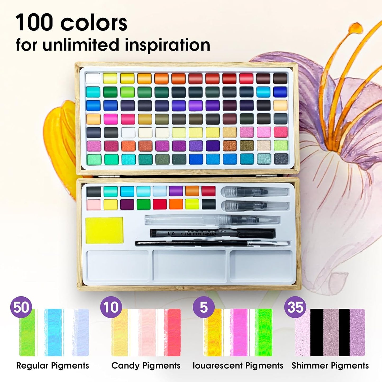 Watercolor Paint Set,100 Colors in Nature Bamboo Box,Portable Water Colors Kit with Papers and Brush Pens,Great for Kids Adults Beginners & Professionals