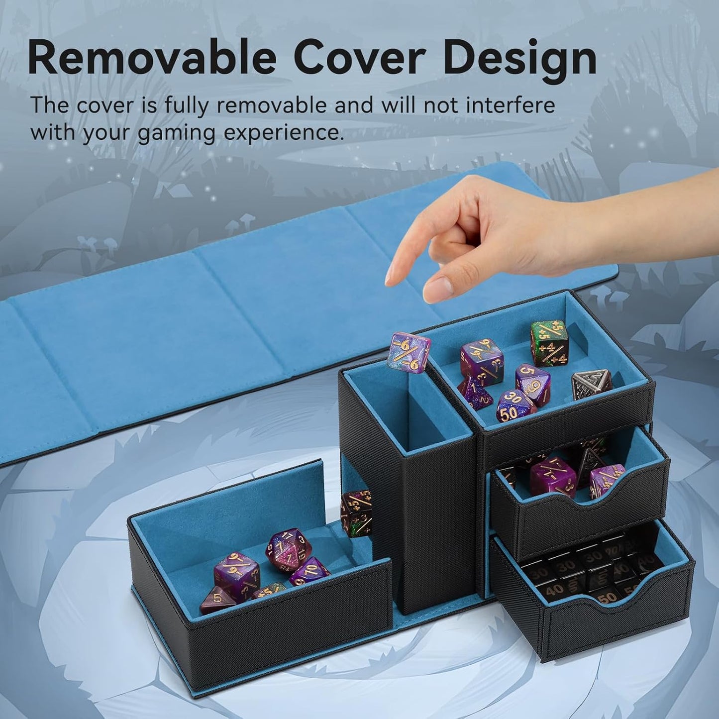 Dice Tray & Dice Tower Storage Box, 3 in 1 Dice Holder Case (Dice Rolling Tray, Dice Rolling Tower, Dice Storage Drawers), Leather Magnetic Closure DND Accessories Gifts for RPG MTG, Black/Blue