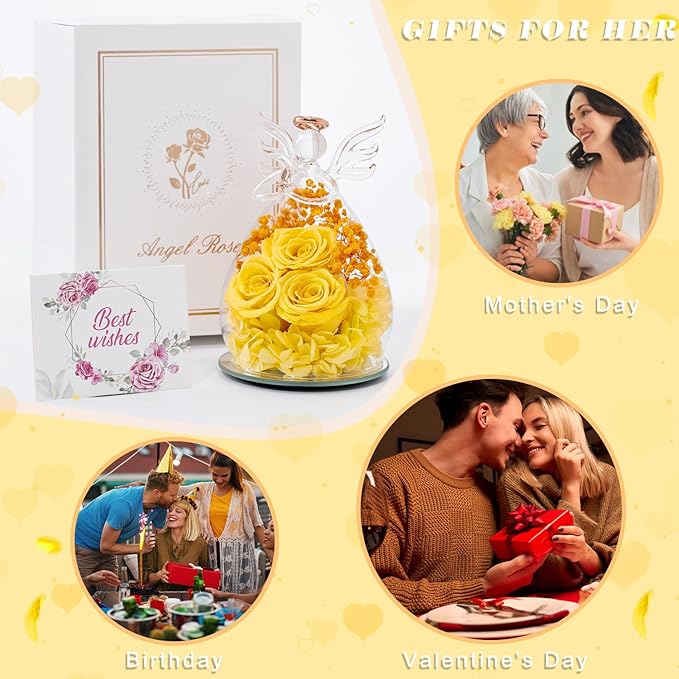 Beferr Valentines Day Rose Gifts for Her Women Mom Gifts for Birthday, Fresh Flowers for Delivery Forever Preserved Rose in Glass Angel Figurine, for Grandma Wife Daughter Girlfriend