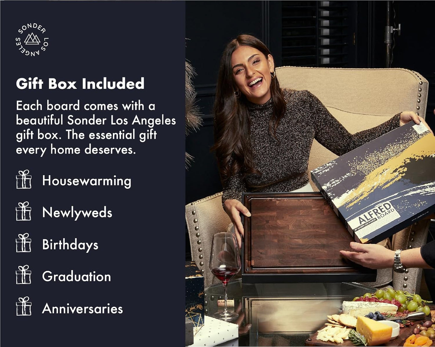 Sonder Los Angeles Alfred Cutting Board Made in USA | Black Walnut End Grain Cutting Board with Non-Slip Feet, Juice Groove, Sorting Compartments | Gift Box Included | 17x13x1.5 in