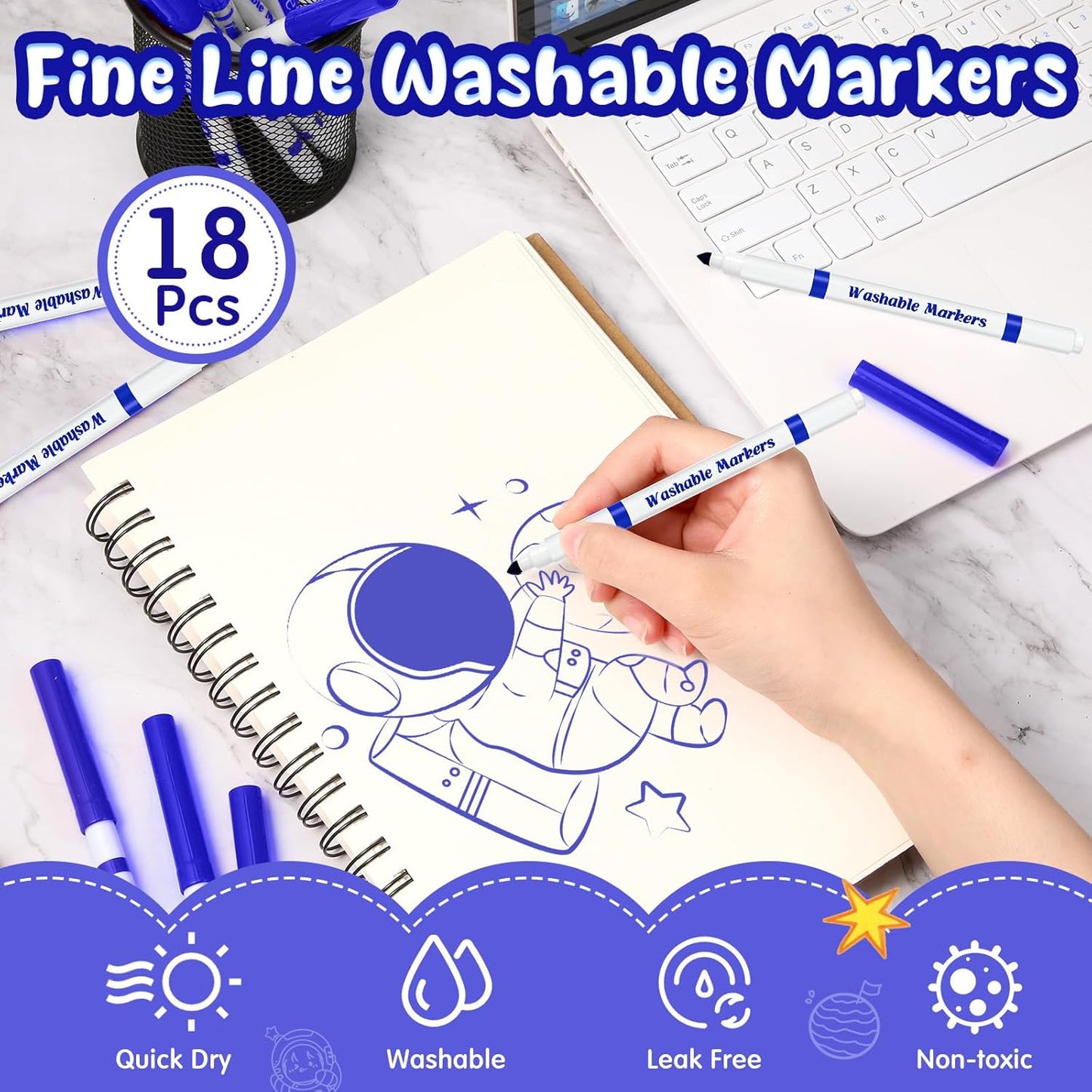 18 Pcs Line Washable Markers Bulk Blue Fine Tip Markers Set Coloring Thin Tip Drawing Washable Pen for Kids Art School Classroom Back to School Gender Reveal Party Supplies, Ages 6+