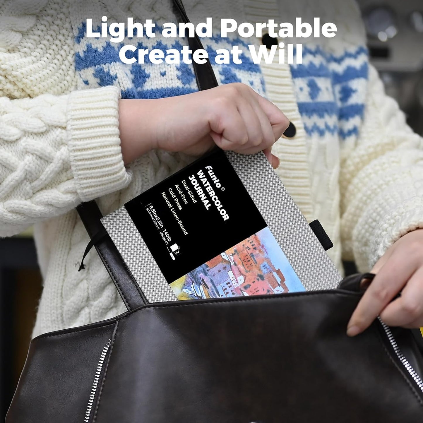 Funto Watercolor Journal, 8.5x5.5, 2 Pack, 48 Pages Each, Cold-Pressed, Inner Paper Pocket and Elastic Band, Art Supplies for Mixed Media