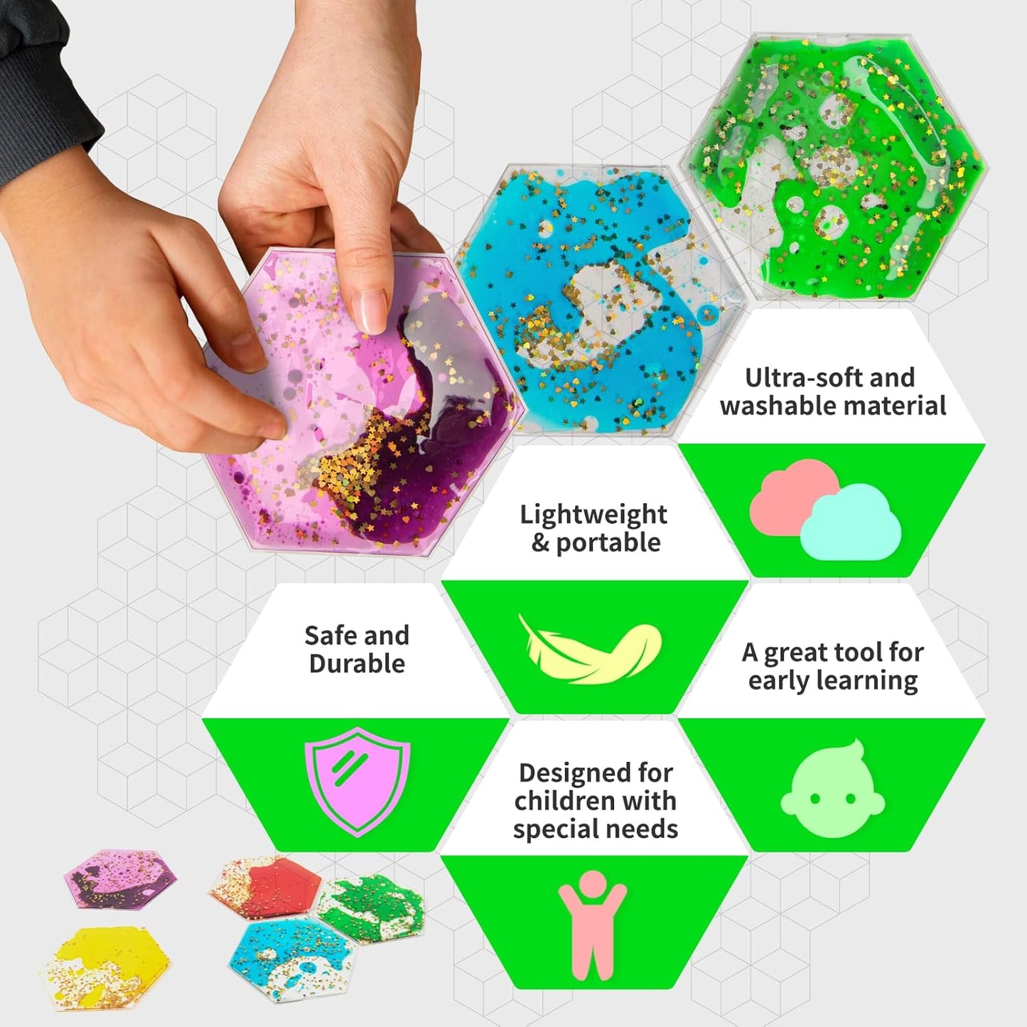 LONGKING 2-Pack Hexagon Liquid Tiles for Kids, Soft Gel Liquid Sensory Toys for Autistic Children, Sensory Mats, Sensory Toys for Toddlers 3-4