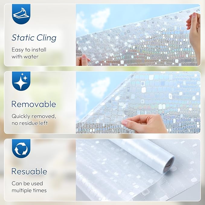 rabbitgoo Window Privacy Film Rainbow Window Film, Mosaic Decorative Stained Glass Cling, Removable Static Cling Tint UV Blocking, Non-Adhesive Privacy Covering, 23.6 x 78.5 inches