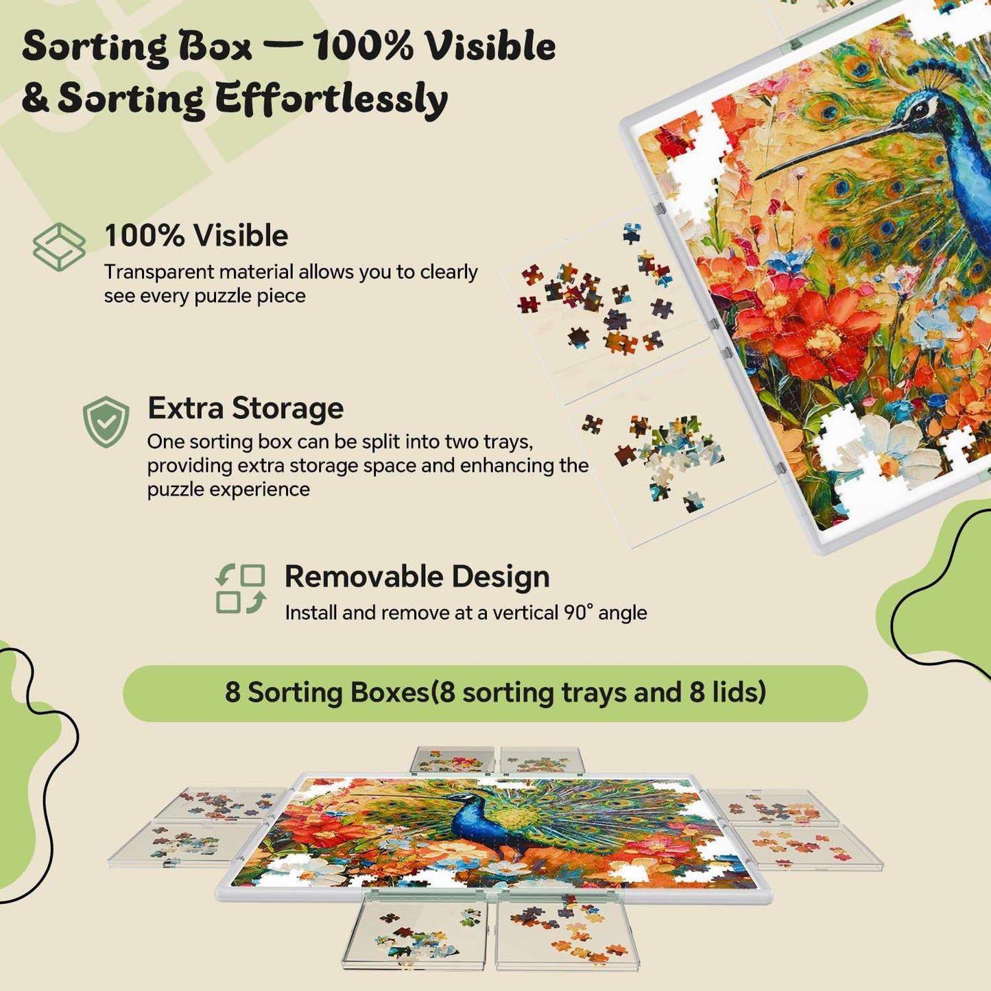 2000 Pieces Puzzle Board 3-in-1 Double-Sided & Rotating & Tilting, Plastic Puzzle Table with Sorting Boxes and PVC Cover, Portable Lazy Susan Jigsaw Puzzle Board for Adults, Gray Green