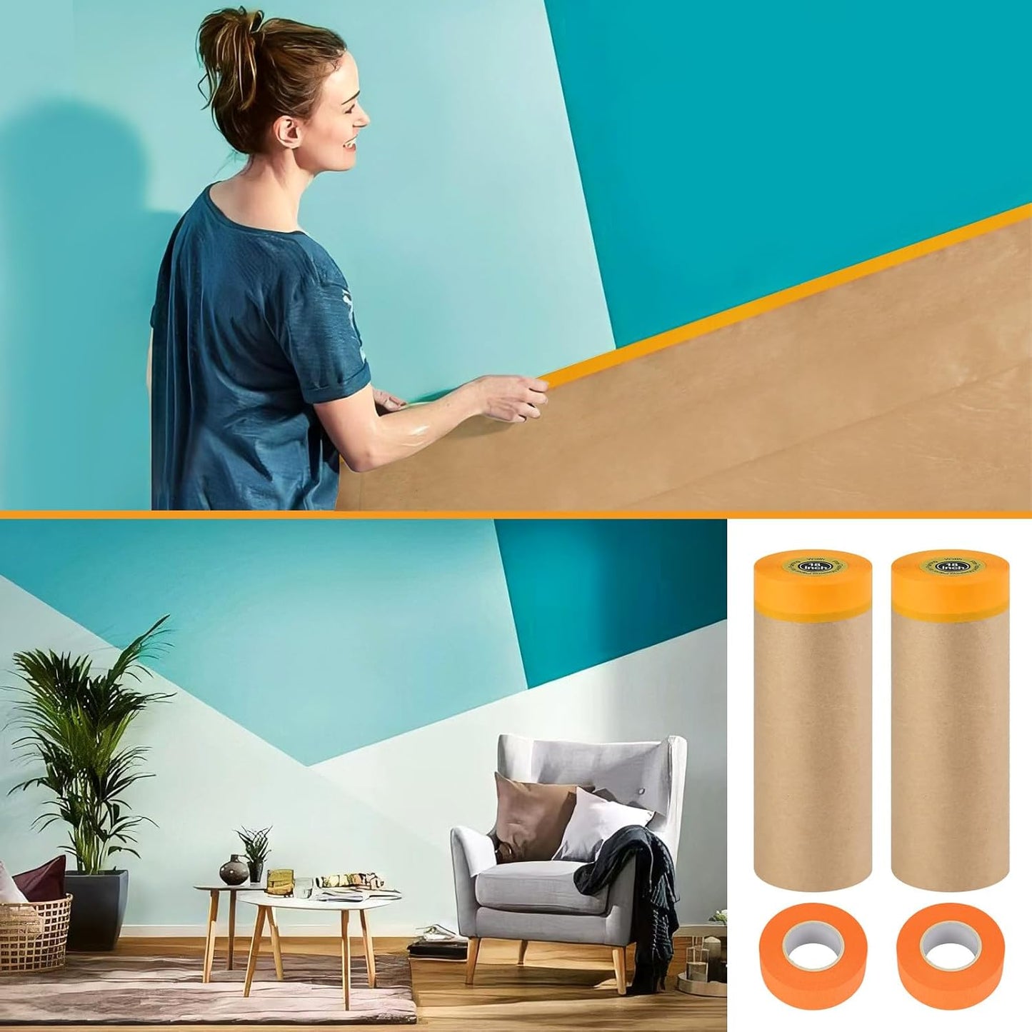 Pre-Taped Masking Paper for Painting, 2 Pack 18 inch x 66 Ft Masking Paper Roll and 1 inch x 66 Ft Masking Tape, Tape and Drape Paint Adhesive Papers for Covering Skirting, Frames, Cars and Auto Body