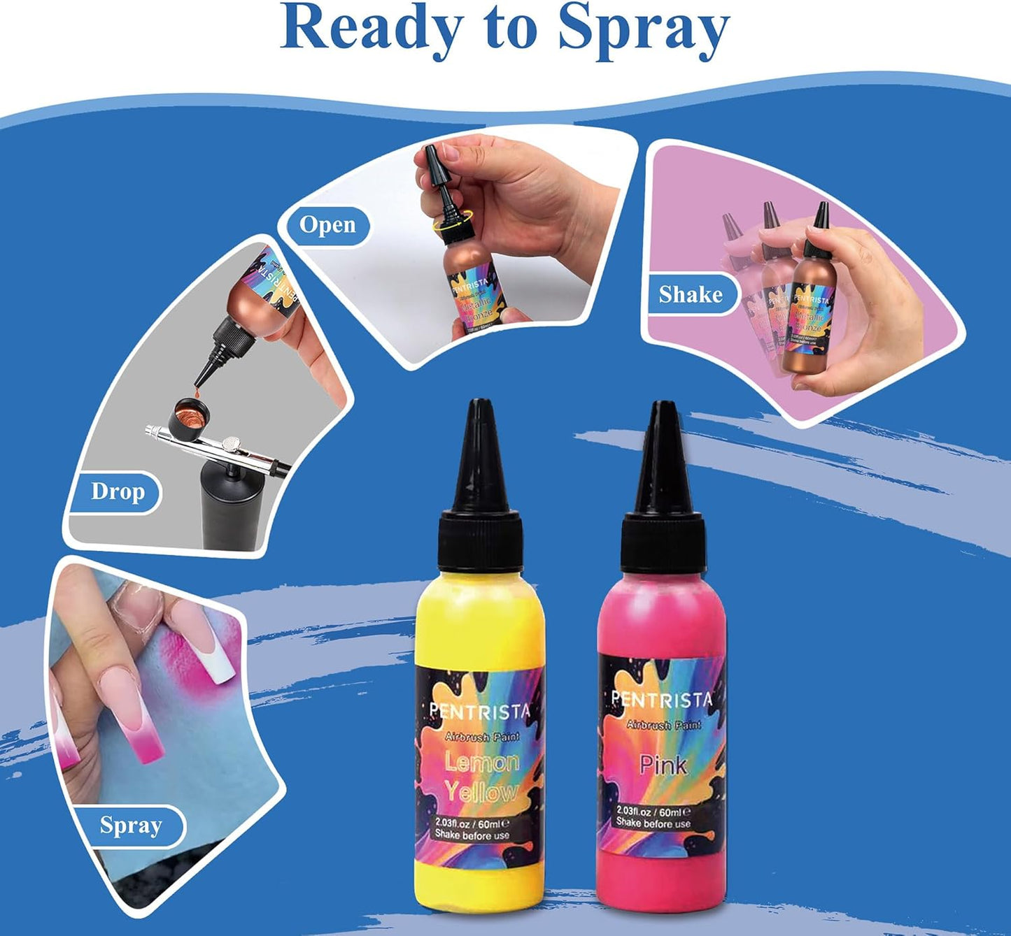 PENTRISTA 24-Color Airbrush Paint Set (60 ml/2.03 oz)with 2 Thinner - Ultra-Smooth Flow Air Brush Paints,Non-Toxic & Quick-Drying Formula Acrylic Airbrush Paint Kit for Art Crafts Hobbyist and Artists