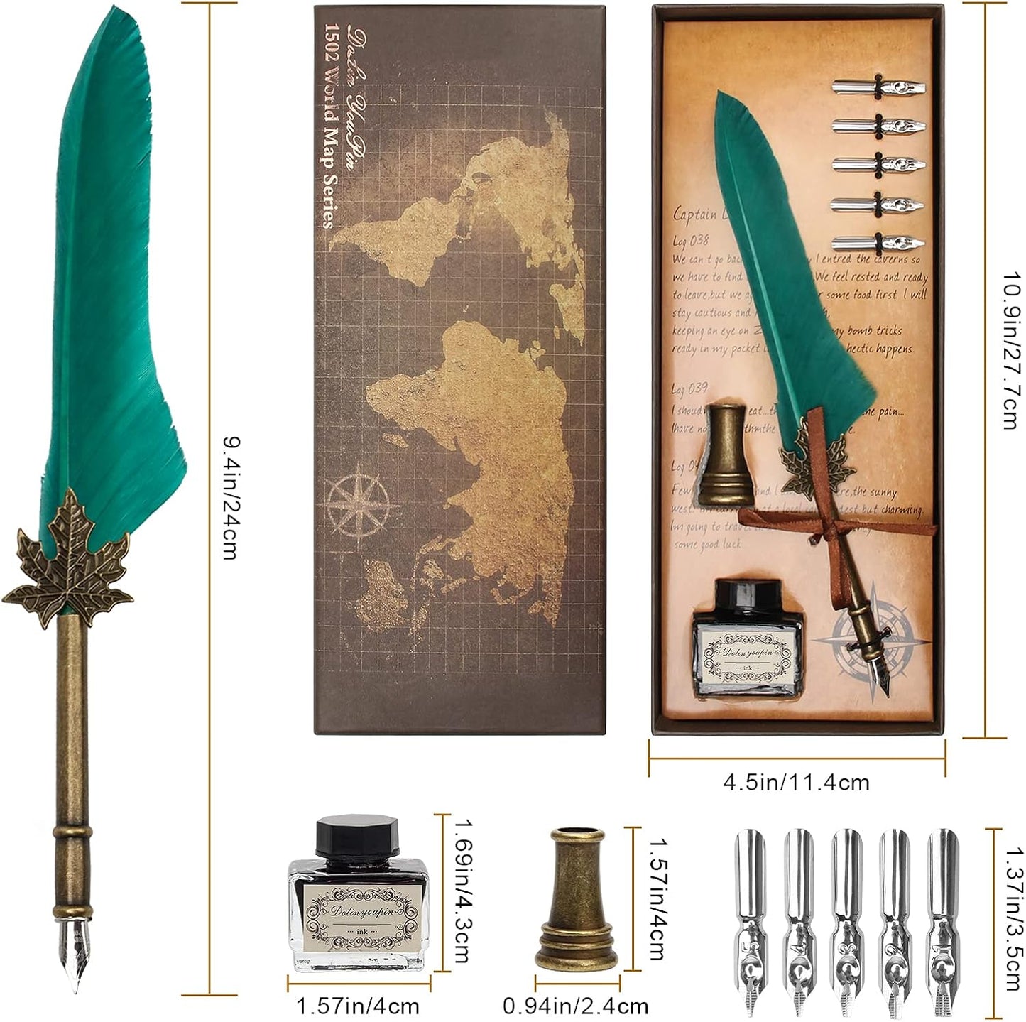 AHIER Quill Pen and Ink Set, Feather Pen Quill Pen Set Includes 5 Steel Replacement Nibs,Pen Nib Base and Dip Ink Bottle for Antique Calligraphy