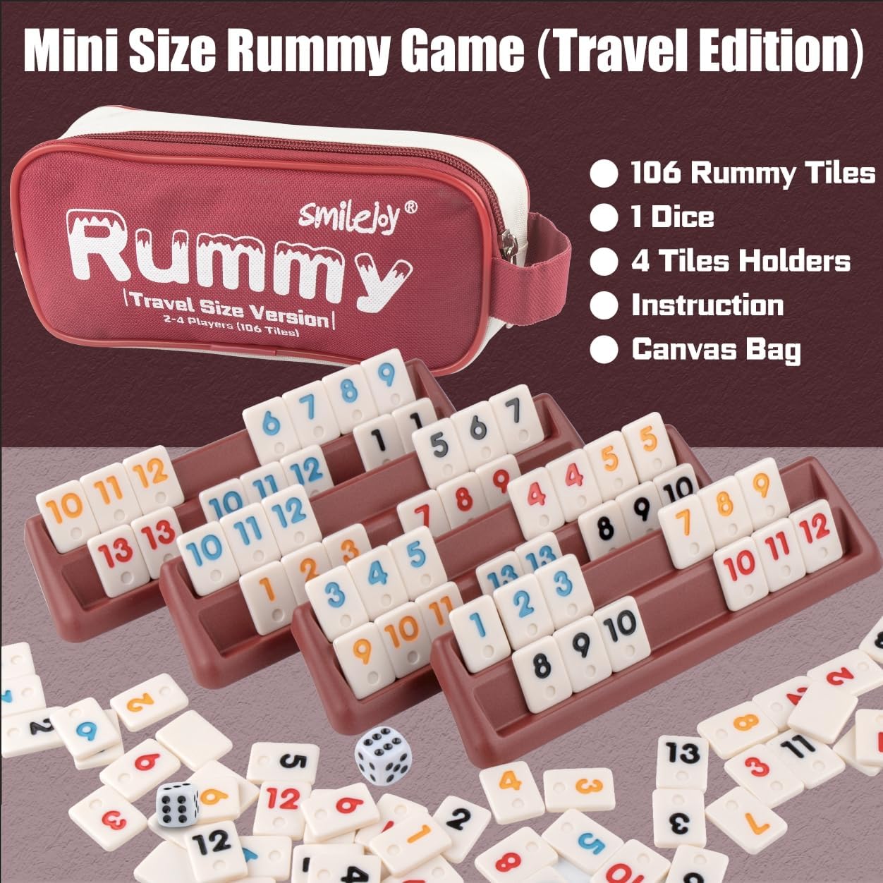 Smilejoy Mini Rummy Cube 4 Players Edition,Travel Rummy Game Set with Portable Canvas Bag,Classic Board Game for Adults and Kids |106 Tiles | 4 Playing Racks |1 Dice | (2-4 Player) ﻿
