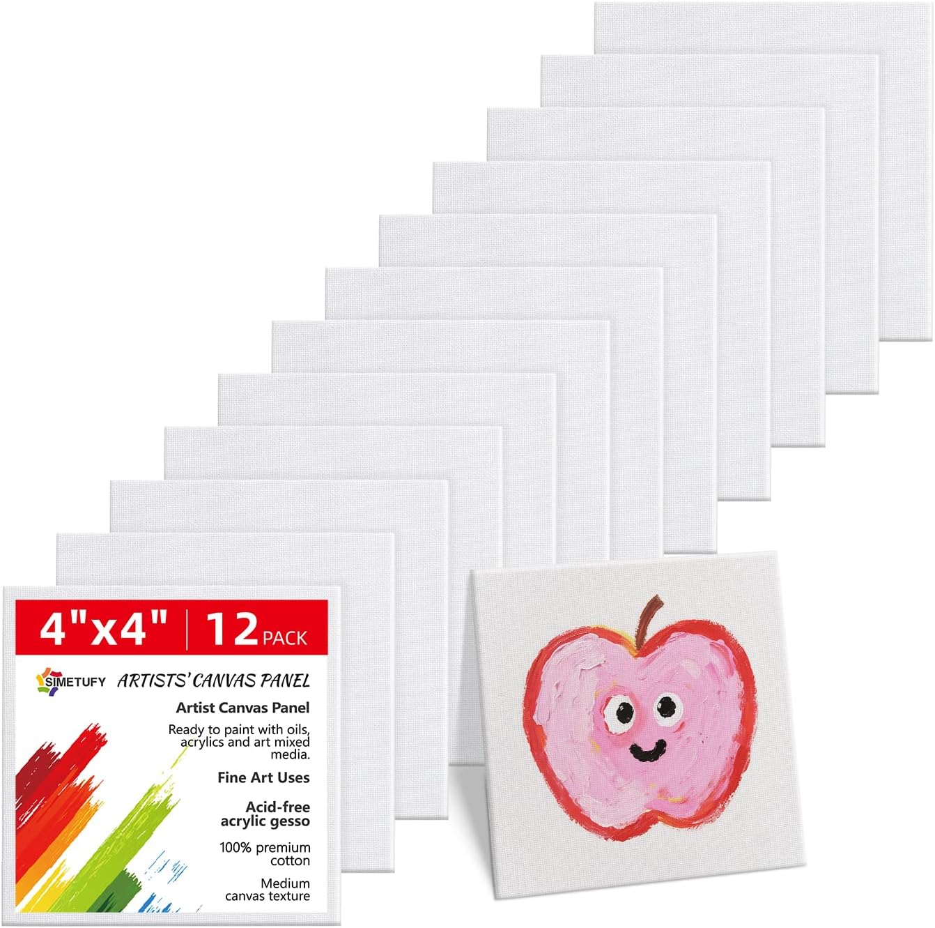 Simetufy Mini Canvas Boards for Painting 12 Pack 4x4inch, White Blank Paint Canvas Panels 100% Cotton Primed Acid Free for Oil, Watercolor, Acrylic, Gouache