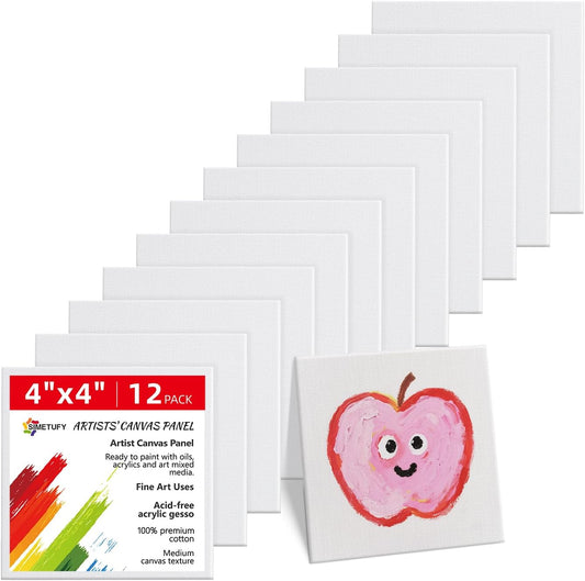 Simetufy Mini Canvas Boards for Painting 12 Pack 4x4inch, White Blank Paint Canvas Panels 100% Cotton Primed Acid Free for Oil, Watercolor, Acrylic, Gouache