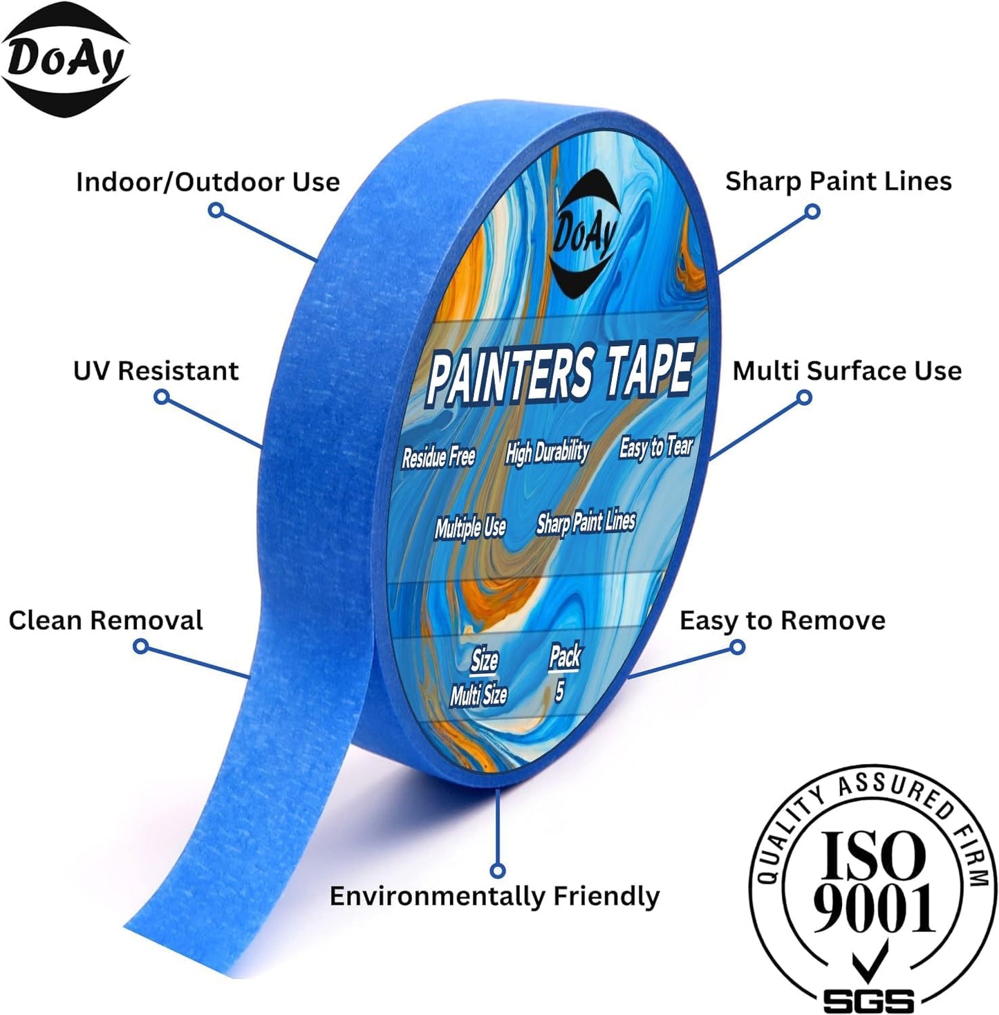 Blue Painters Tape 1/4" 3/8" 1/2" 5/8" 3/4" x 60 Yard - Multi Size Pack - Multi Surface Use - 5 Rolls