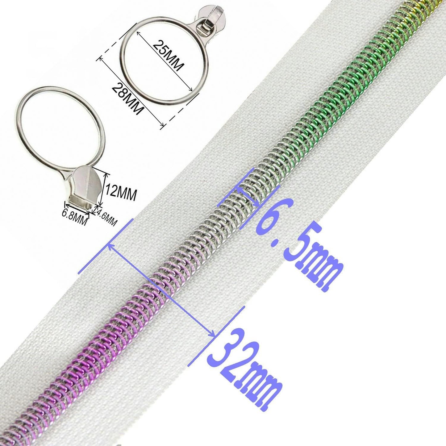 Leekayer #5 Rainbow Teeh Metallic Nylon Coil Zippers by The Yard Bulk 10 Yards White Zipper Tape with 25pcs Silver Ring Pull Sliders for DIY Sewing Tailor Craft Bag(White)