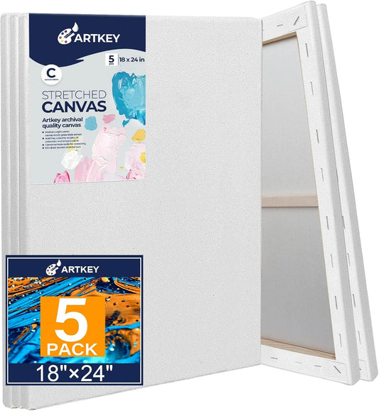 Stretched Canvases for Painting 18x24 Inch 5-Pack, 10 oz Triple Primed Acid-Free 100% Cotton Blank Canvas, Rectangular Canvas for Oil Paint Acrylics Pouring & Wet Art Media, Pour Painting