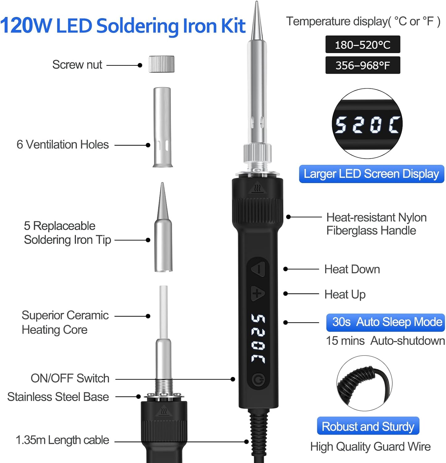 120W LED Soldering Iron Kit, 7s Fast Heating Adjustable Temp 356-968℉ Auto Sleep Precision Welding Gun Tools Electronics Repair with Solder Wire, 5 Soldering Tips, Desoldering Pump, Stand, Tweezers