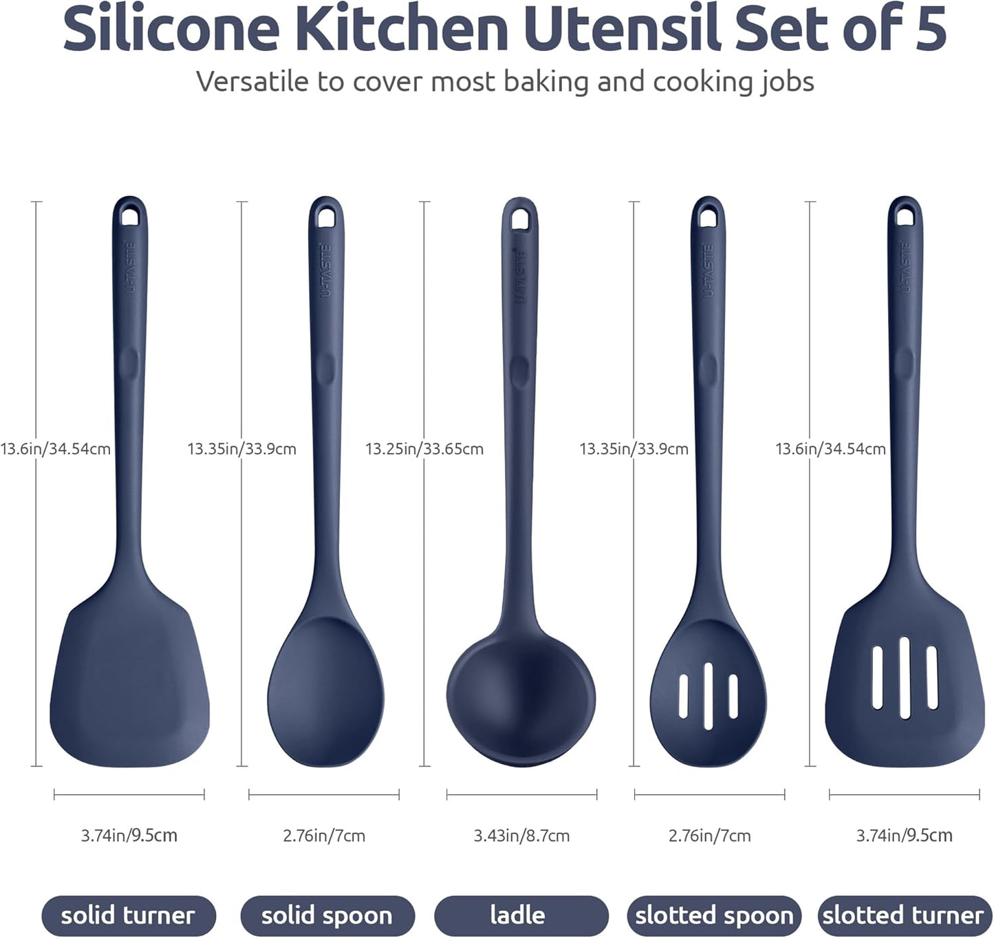 Silicone Kitchen Cooking Utensil Set: U-Taste High Heat Resistant 13.6in Kitchen Gadgets, BPA Free Non Stick Rubber Cook Accessories For Stir Frying, Serving, Basting, Mixing (5 Pieces, Midnight Blue)