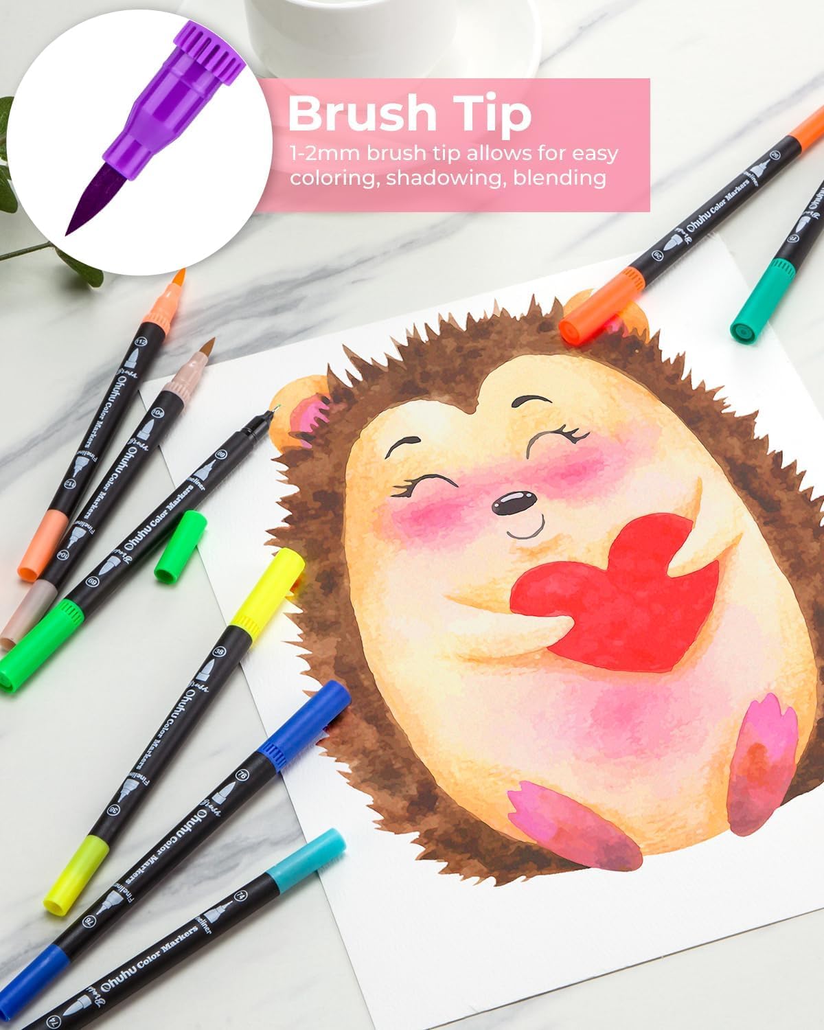 Ohuhu Markers for Adult Coloring Books No Bleeding 100 Colors Coloring Markers Water-based Dual Tips Fineliner & Brush Drawing Pens Art Pens for Kids Adults Sketch Journal - Maui - Black