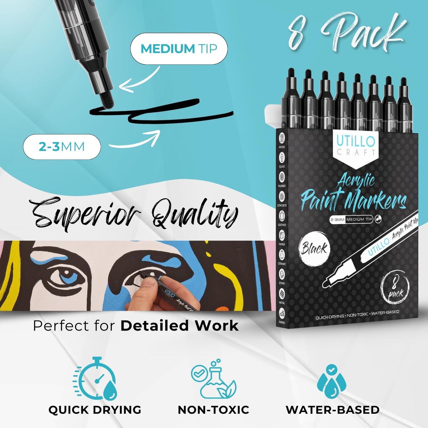 Black Paint Marker (8-Pack) Medium Tip for Pumpkin Painting and Costumes | Bold Color+100% Coverage | For Stone, Wood, Glass, Canvas, Metal, etc. | Black Paint Pens | Black Acrylic Paint Pens