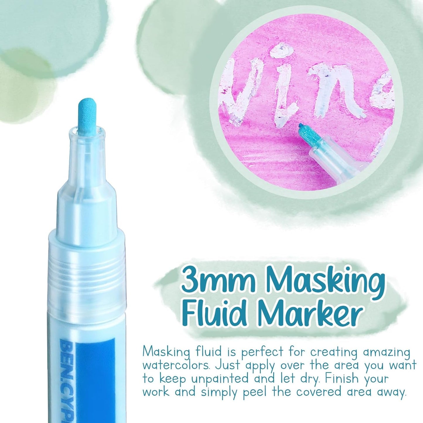 2 Pcs Masking Fluid Pen for Watercolor Painting, Capacity with Applicator Tip, Masking Fluid Marker for Various Art Projects Watercolor Ink(Blue,3mm)