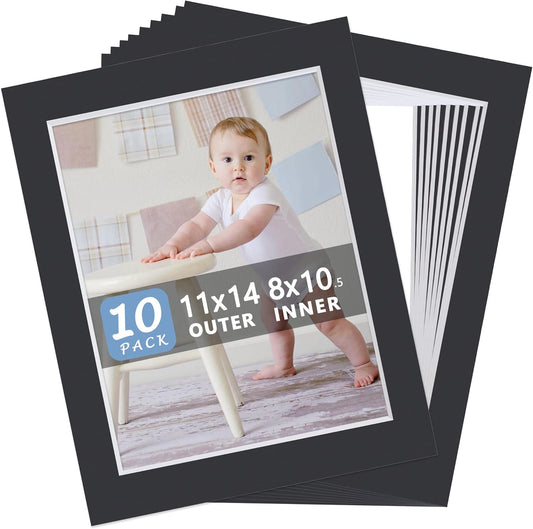 10 Pack Pre-Cut 11 x 14 Black Picture Mats for 8.5x11 Photos - White Core Bevel Cut Frame Matte, Acid Free, Ideal for Frames/Artwork/Prints