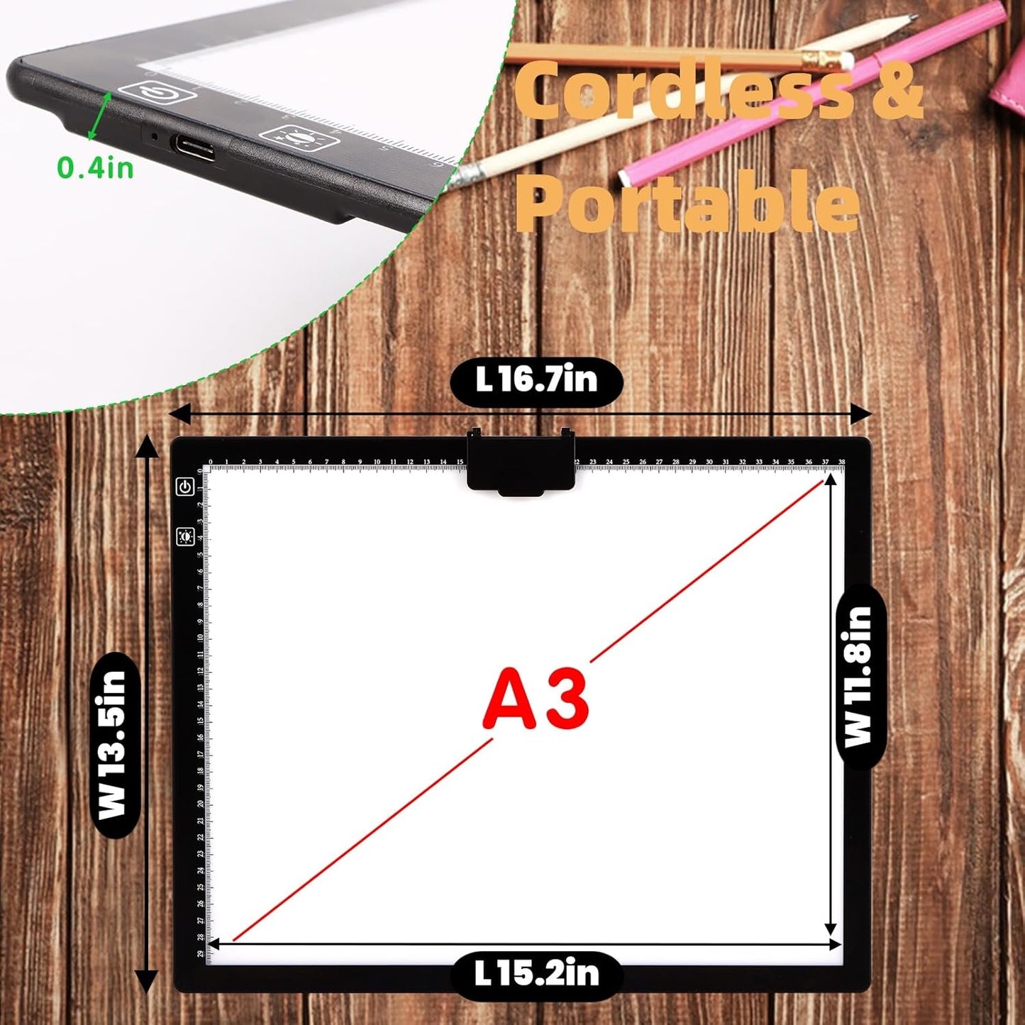 HIUKCOLED Rechargeable A3 Light Pad with Diamond Painting Light Board Carry Bag, Built-in Foldable Stand＆top Clip, 3 Colors/Stepless/6-level Brightness, Battery Powered Wireless LED Tracing Box