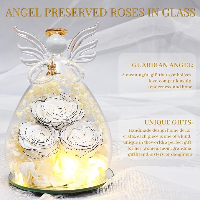 Beferr Valentines Day Rose Gifts for Her Women Mom Gifts for Birthday, Fresh Flowers for Delivery Forever Preserved Rose in Glass Angel Figurine, for Grandma Wife Daughter Girlfriend
