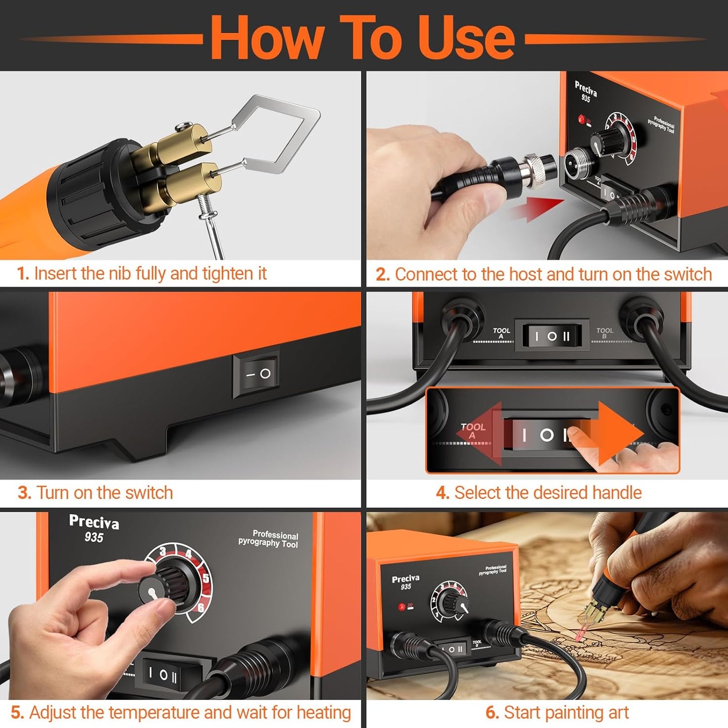 Preciva 935 Dual Handle Wood Burning Kit - Professional Pyrography Tool with 20 Wire Nibs & Pen Holder | Adjustable Temp 482~1382℉ | for Wood Burning, Leather Craft, Art Designs