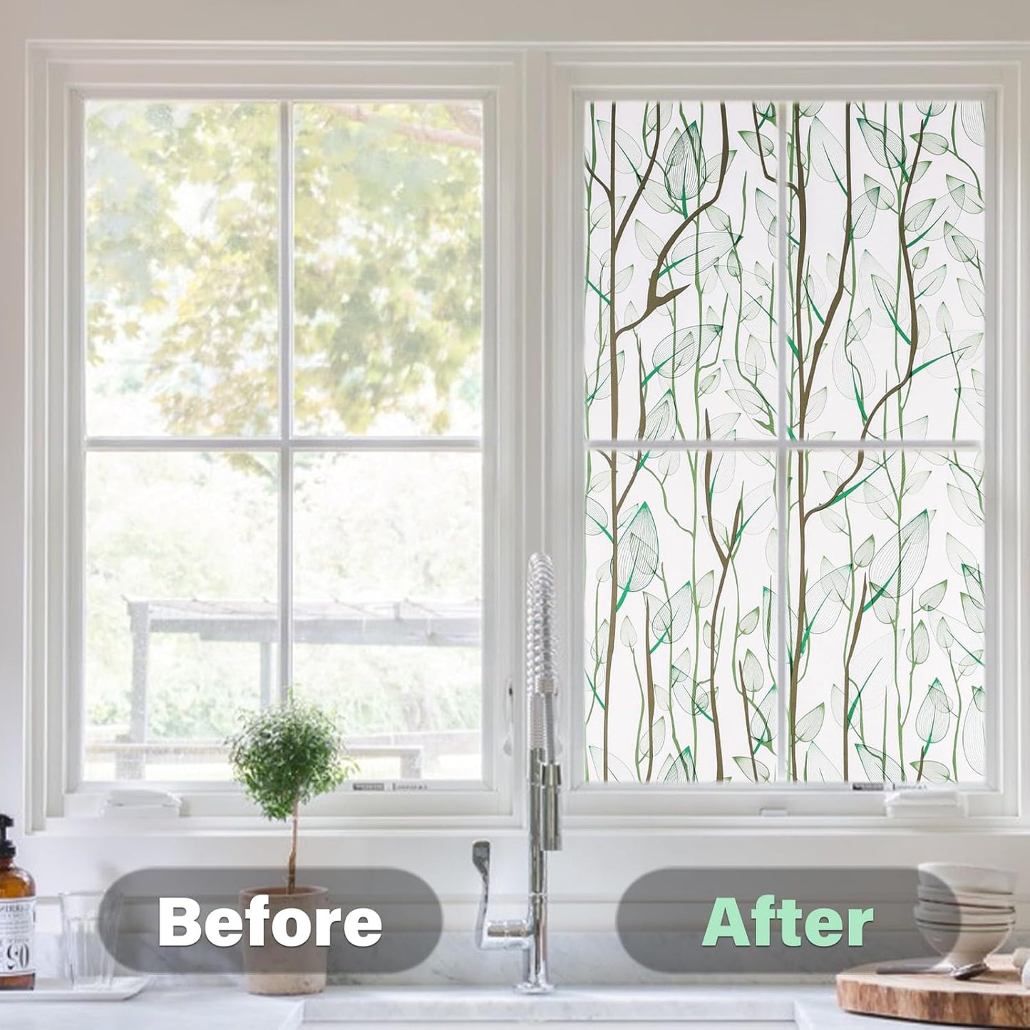 Donox Frosted Glass Window Film Heat Control UV Blocking, Static Cling Reusable Home Bathroom Door Window Privacy Film, Green Leaf Pattern Window Covering with Installation Tool, 35.4 in x 13.1 feet