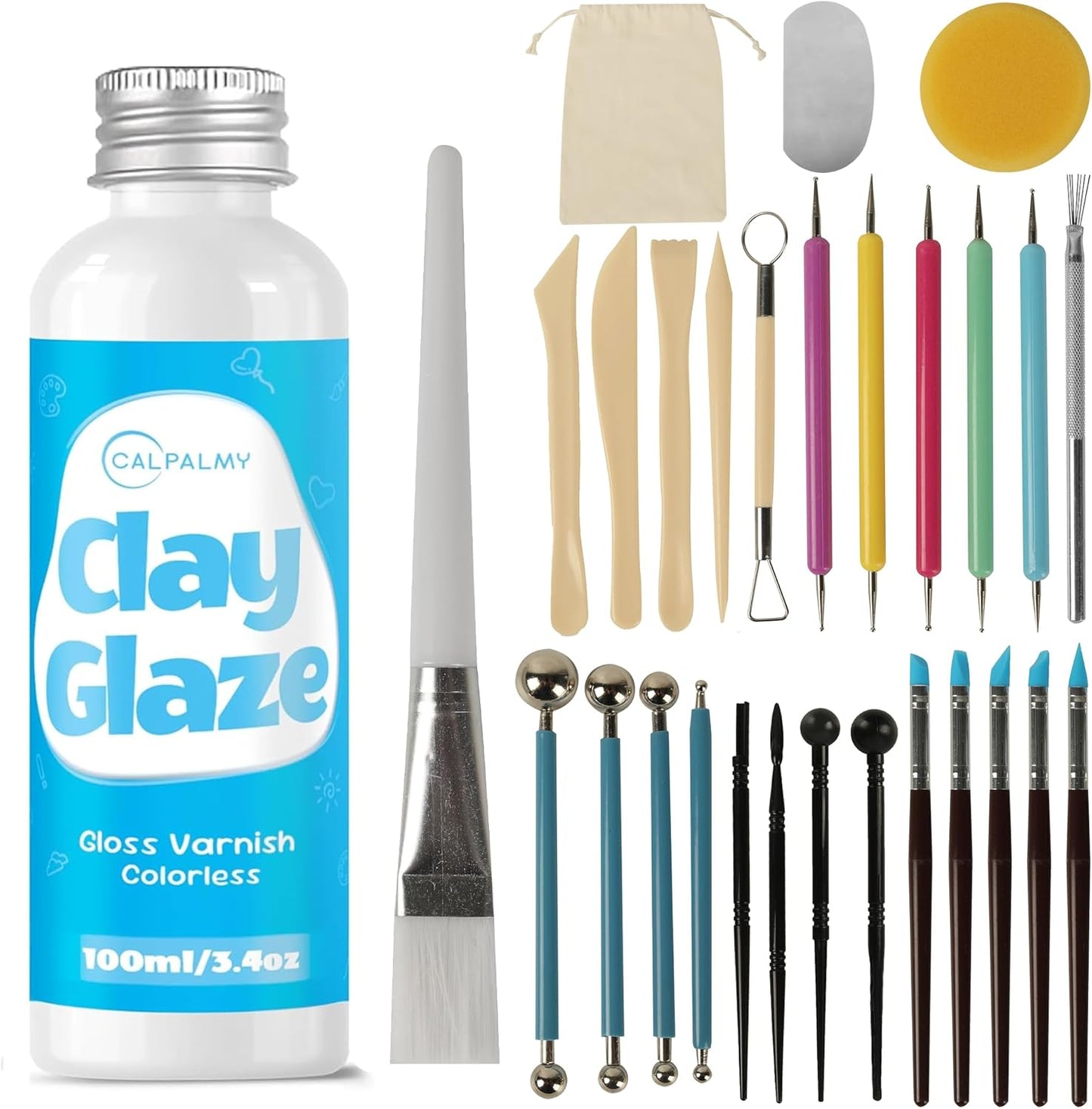 CALPALMY 100ml Gloss Air Dry Clay Glaze with 29pcs Clay Tools Kit – Clay Varnish Sealant for Surface Protection, Pottery and Sculpting Tools for Carving, Shaping, and Molding Crafts