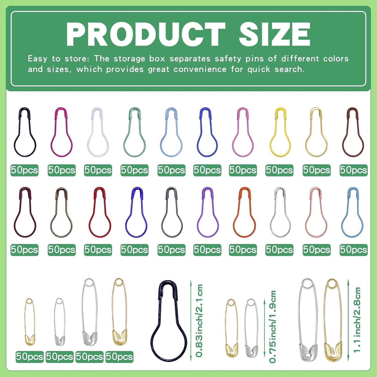 1200 Pcs 22 Colors Metal Safety Pins,Bulb Gourd Pins Pear Shaped Pins for Knitting Stitch Markers, Sewing Clothing DIY Craft Making with Storage Box