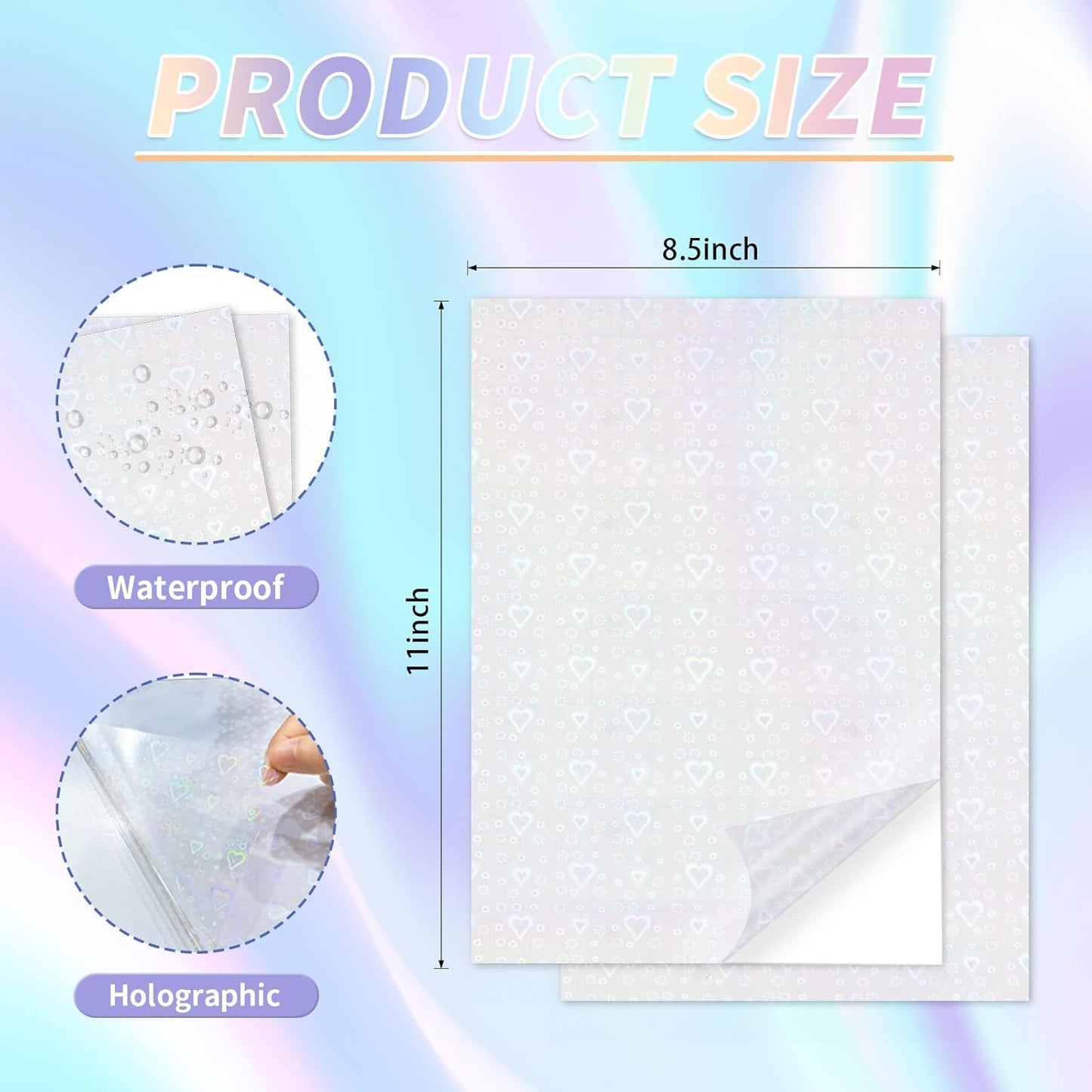 20 Sheets Holographic Sticker Paper,8.5x11 Inch Clear Printable Vinyl Sticker Papers,Self-Adhesive Waterproof for Inkjet/Laser Printer（Clear Heart）