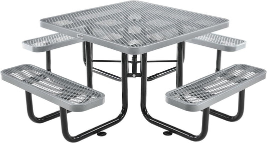 Global Industrial 46" Square Picnic Table, Expanded Metal, Gray Thermoplastic Coating, Attached Benches, 1-1/2” Umbrella Pole Hole, Outdoor-Rated, 1000 lb Capacity