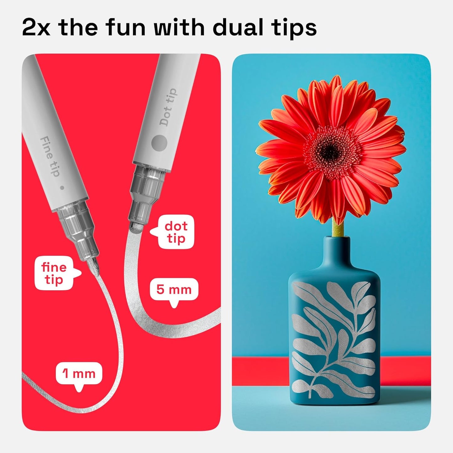 ARTISTRO 2 Silver Dual-Tip Acrylic Paint Pens - Multisurface Markers for Glass, Rock, Fabric, Wood, Plastic & More - 5mm Dot + 1mm Fine Tips