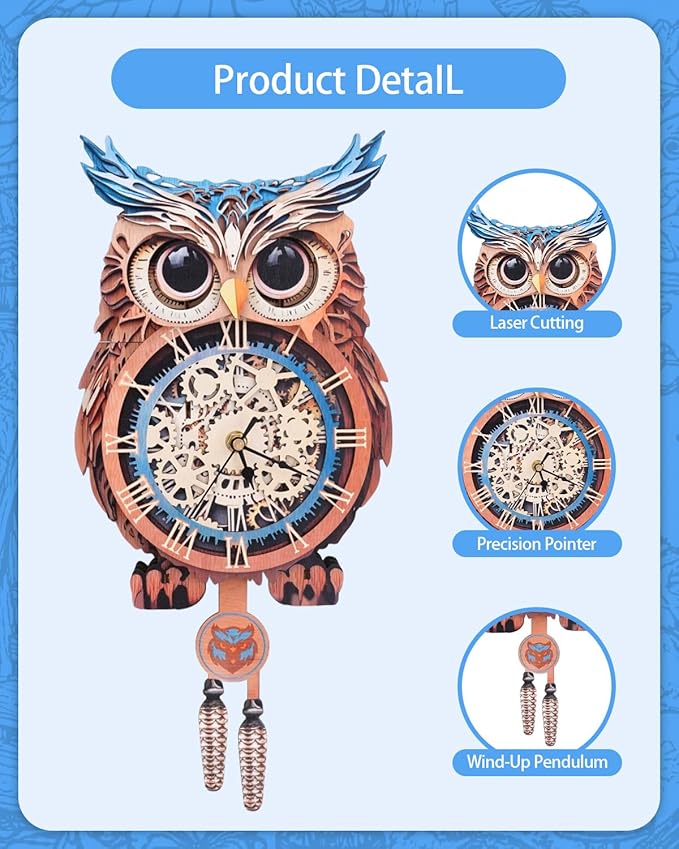 3D Wooden Puzzles for Adults, Owl Clock with Pendulum Model Kit, 3D Puzzles for Adults Room Home Decor DIY Wall Clock Kit, Holiday Birthday Christmas Day Gifts for Men Women Teens