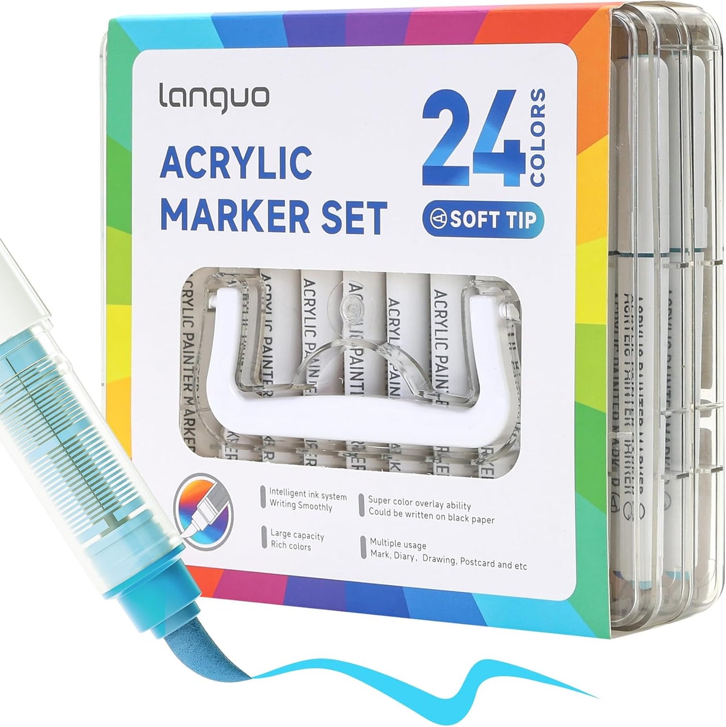 24 Colors Acrylic Paint Markers Pens Set, Soft Brush Tip Markers with Fast Drying & No-Bleed Ink, Acrylic Paint Pens for Rock, Wood, Egg, Ceramic, Fabric Painting, Art Supplies and DIY Crafts