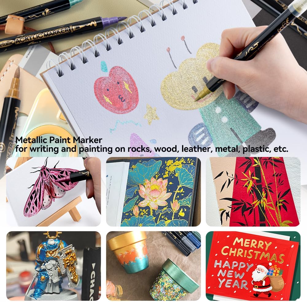 TRANSON 12Colors Metallic Paint Markers Bold and Brush Dual-tip for Rock Wood Ceramic Canvas DIY Painting Drawing