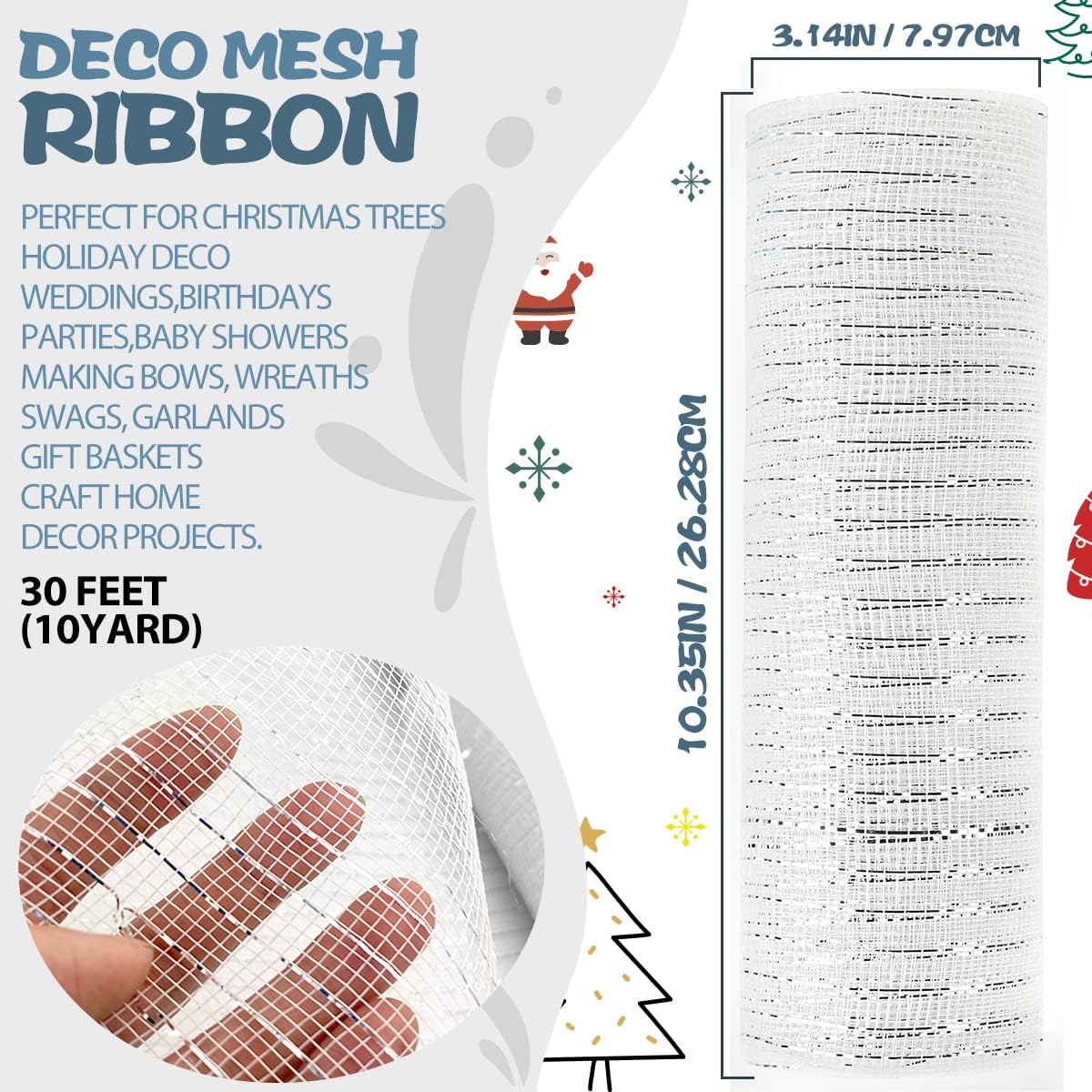 Anivia Deco Mesh Ribbon, 10inch x 30 Feet Each Roll Metallic Foil Mesh Ribbon for Wreaths Swags, Holloween, and Christmas Tree Decoration (White/Silver Foil)