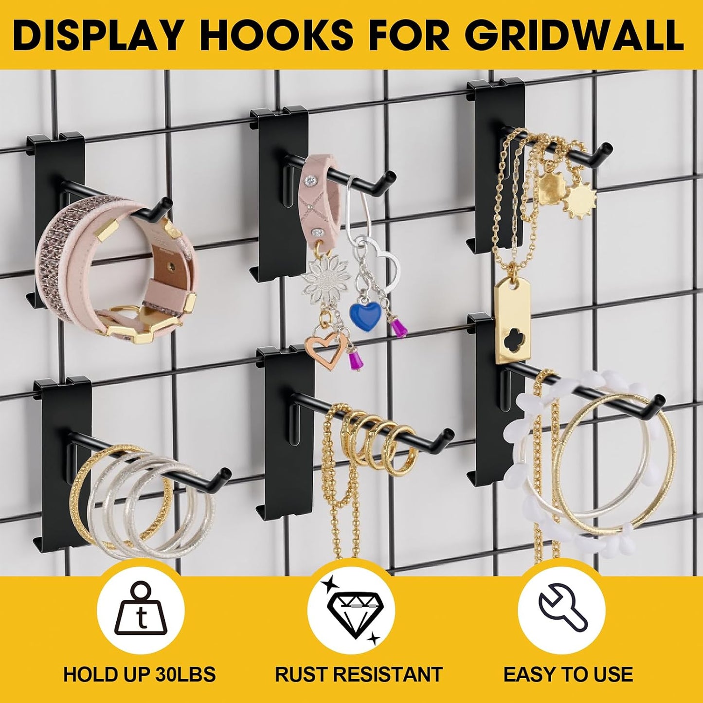 Gridwall Hooks 2 Inch, 4 Inch, 6 Inch, 60 Pack Heavy Duty Display Hook for Wire Grid Wall Panel, Grid Wall Accessories for Retail, Craft Shows, Home Setup and Customized Display, Black