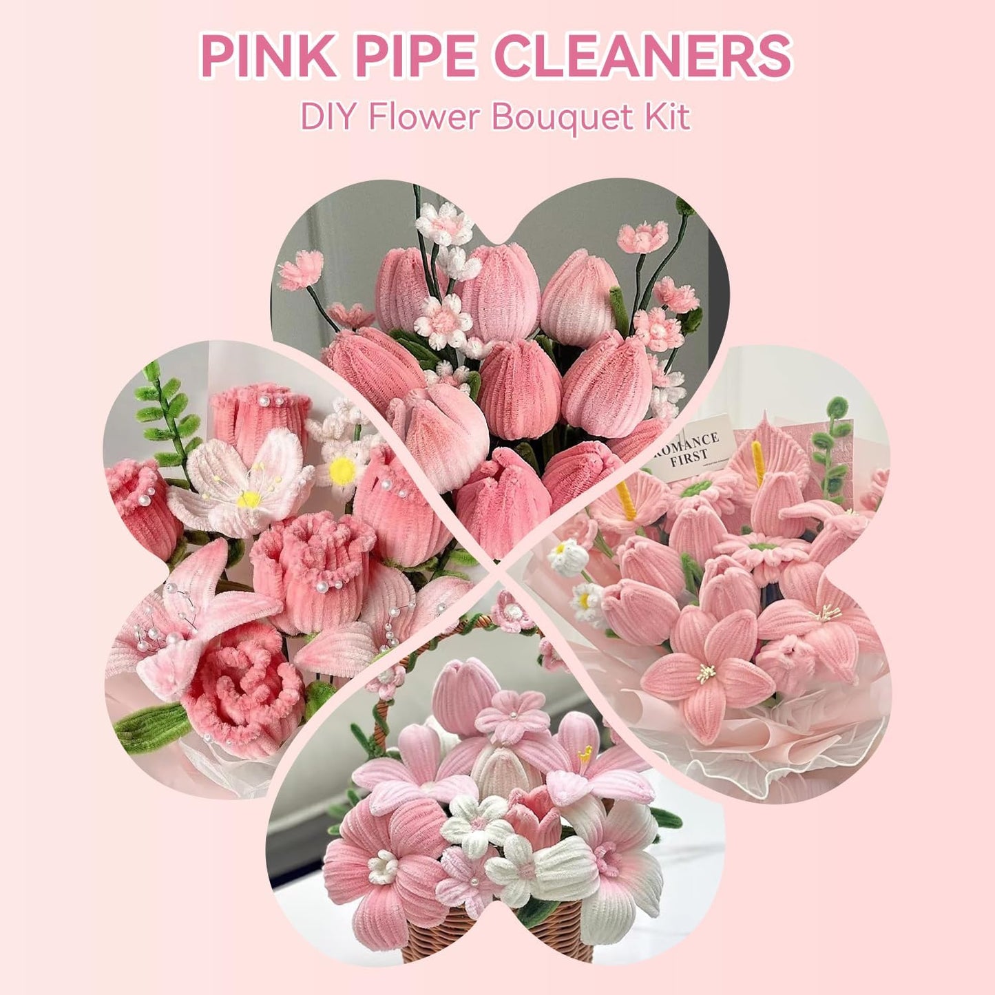 400PCS Pink Pipe Cleaners Bulk – 4 Colors Chenille Stems for Crafts, DIY Art Supplies, Fuzzy Sticks for Crafting Flowers, Wedding & Valentine's Day Decorations, Kids School Craft Kit
