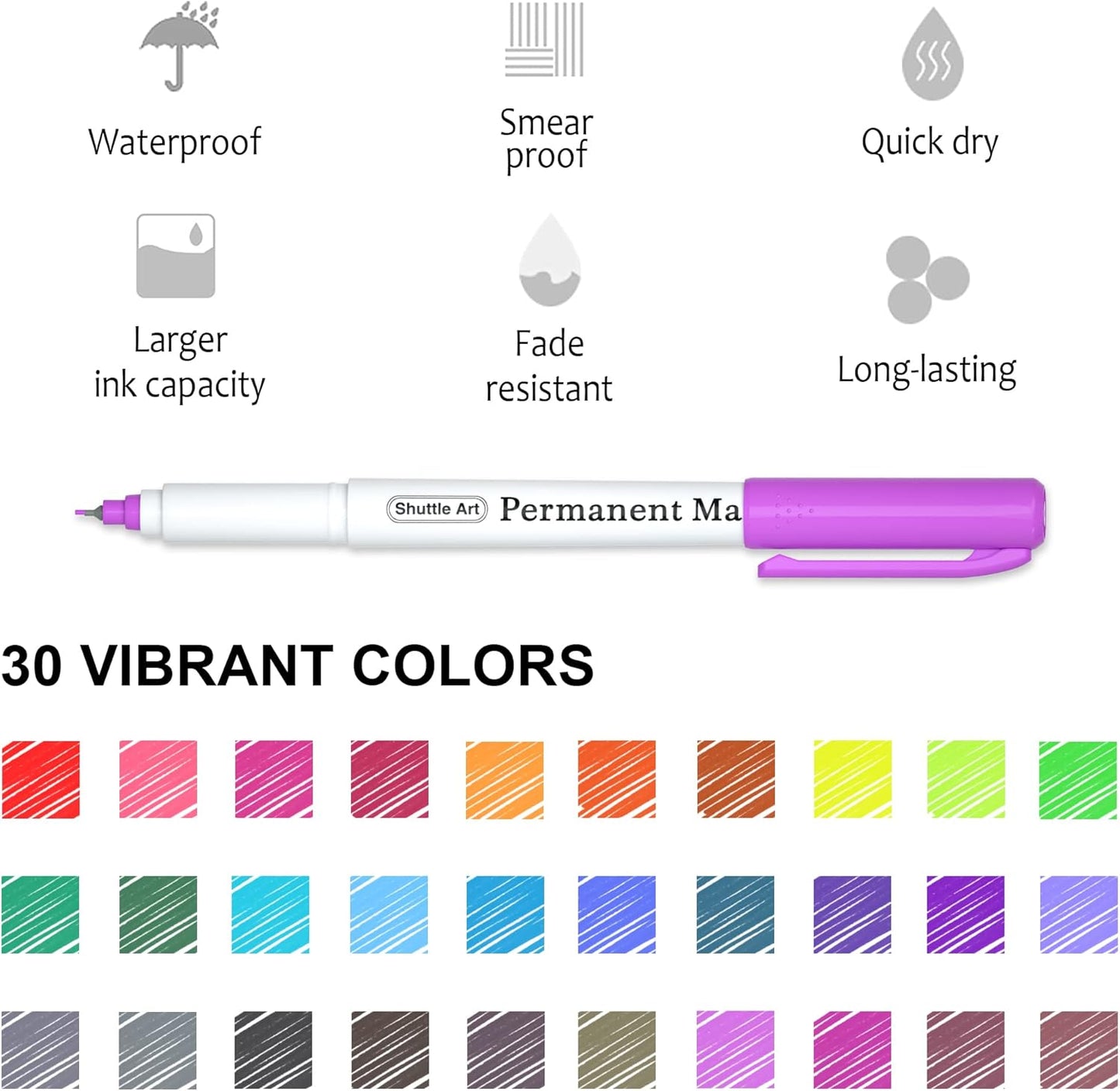 Shuttle Art Permanent Marker, 30 Colors Ultra Fine Point, Assorted Colors, Works on Plastic,Wood,Stone,Metal and Glass for Kids Adult Coloring Doodling Marking
