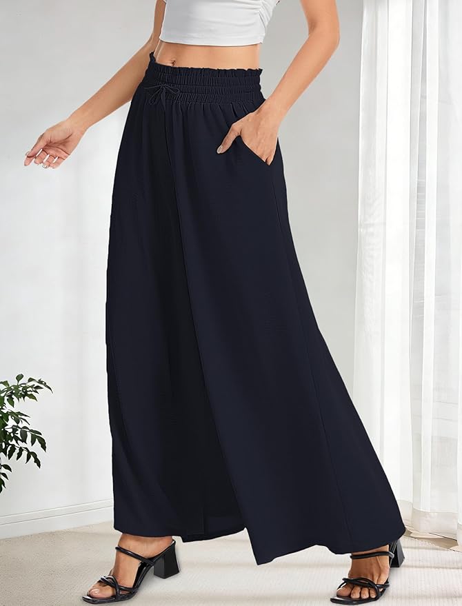 Women’s Wide Leg Pants Drawstring Elastic Waist Casual Trousers Lightweight Loose Lounge Pants with Pockets