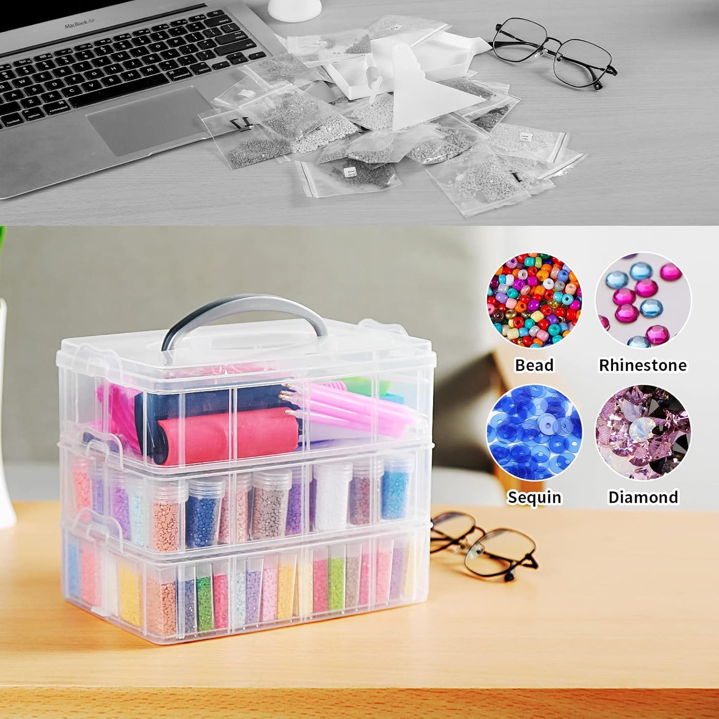 Douorgan 3-Tier Diamond Painting Storage Containers Diamonds Organizers and Storage Stackable Diamond Painting Tools Box Portable Diamond Beads Storage Box, 80+40 Slots with Tool Set