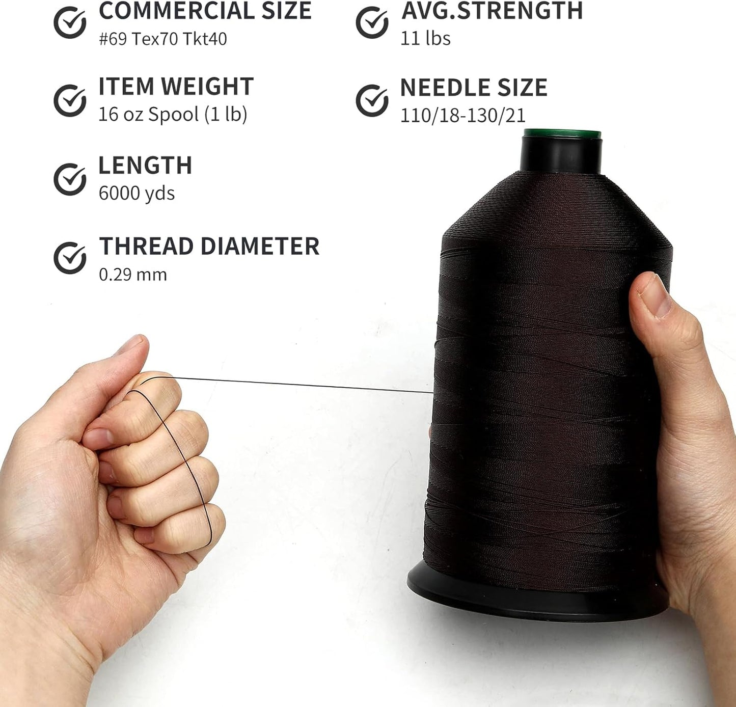Extra Strong Bonded Nylon Thread #69 Tex70 – 16 OZ, 6000yds, Versatile Stitching Solution for Leather, Upholstery, Canvas Repair and More (Dark Brown)