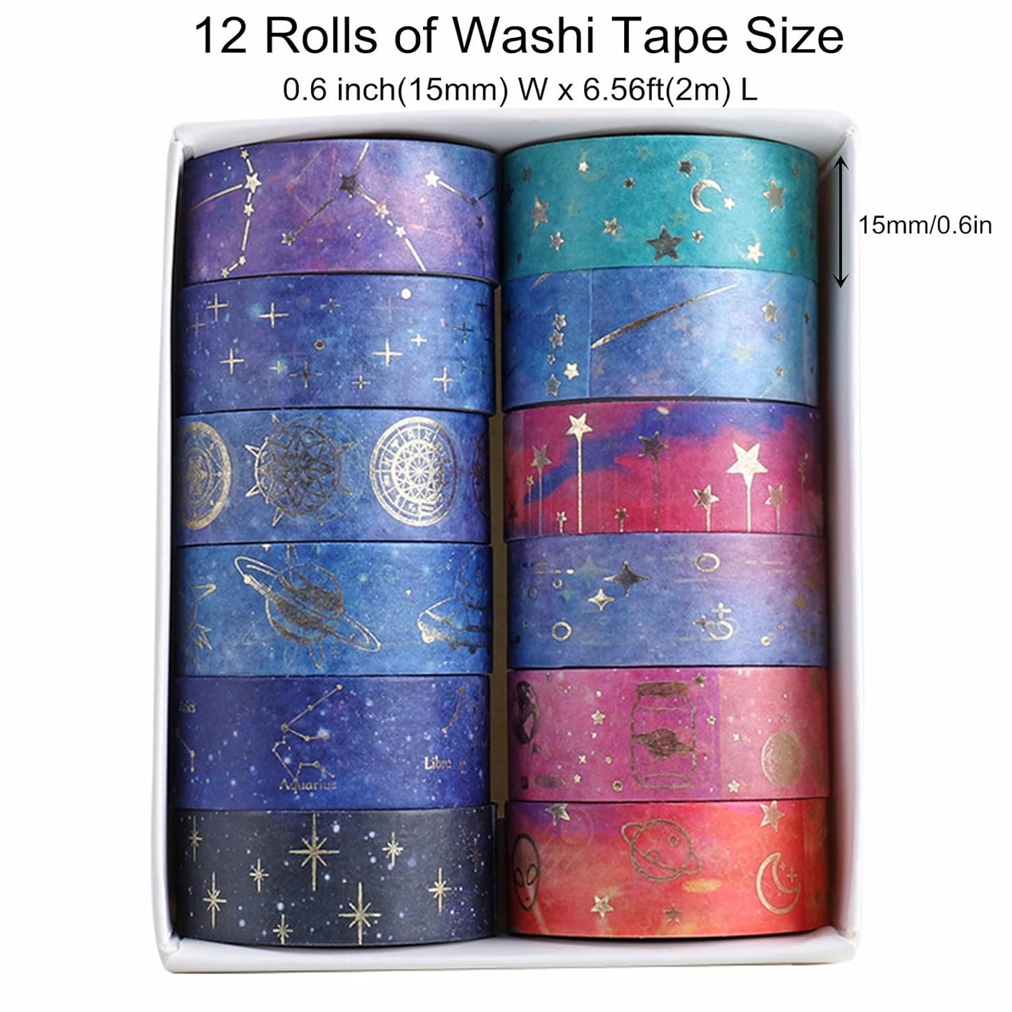12 Rolls Galaxy Washi Tape Set, Gold Foil Decorative Masking Tape for Scrapbooking, Bullet Journal, Planner, DIY Crafts, Gift Wrapping