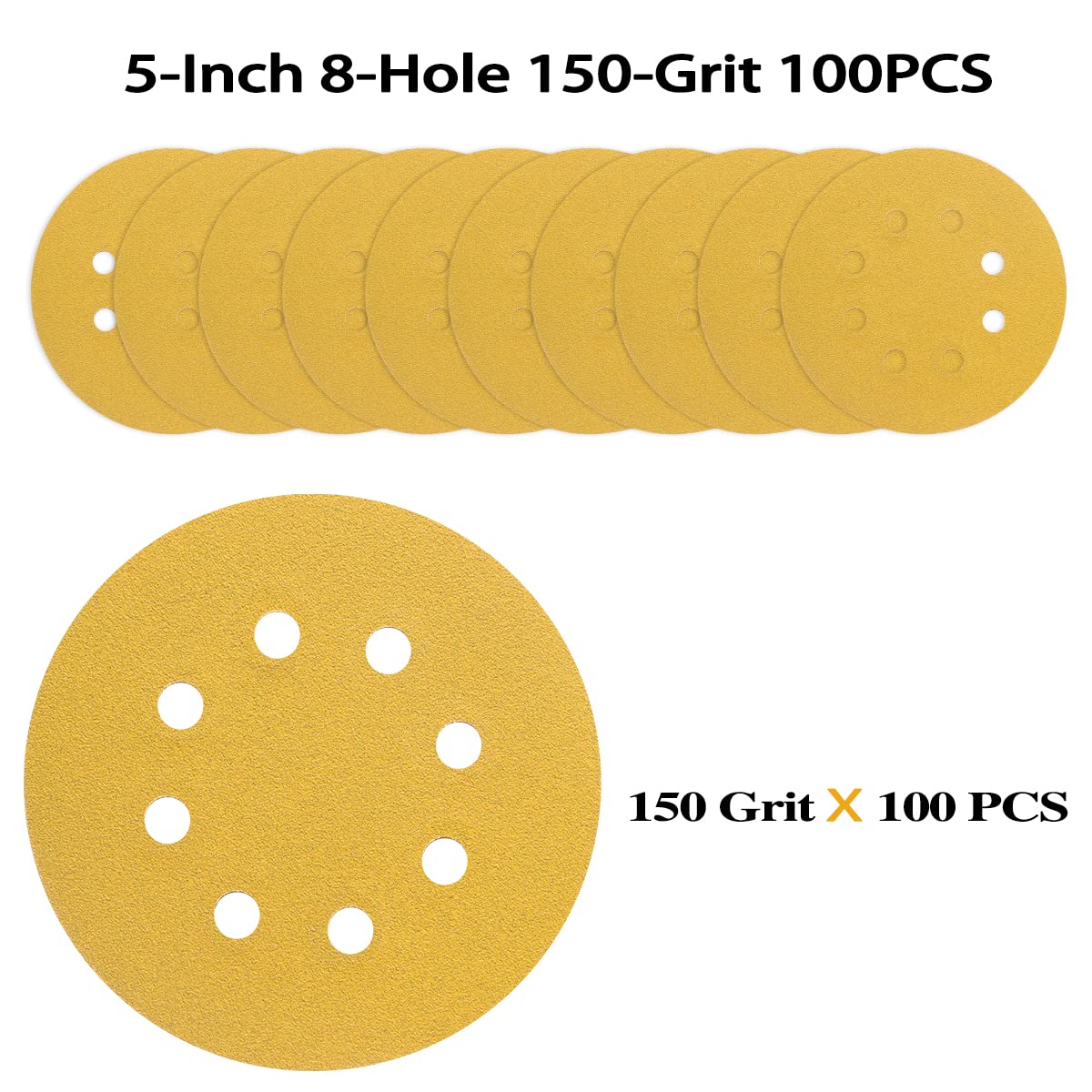 100PCS 5 Inch 8 Hole Sanding Discs 150 Grit,Gold Round Hook and Loop Sandpaper for Random Orbital Sander