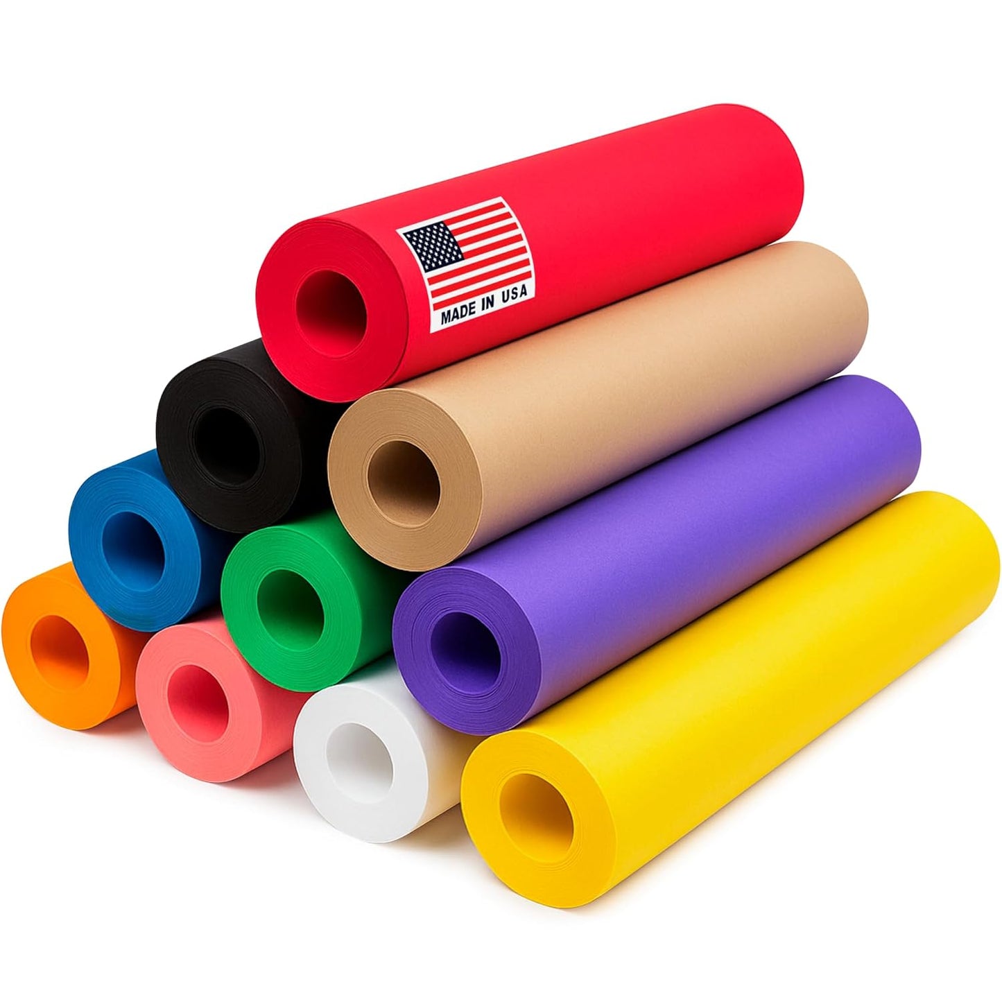 12" x 1200" (100 ft) Pack of 10 Rolls USA-Made Multi-Color Kraft Paper Rolls, 45 lbs/66 GSM – Colored Kraft Paper for Packing, Crafts, DIY Projects, Gift Wrapping – Non-toxic, Safe for Kids