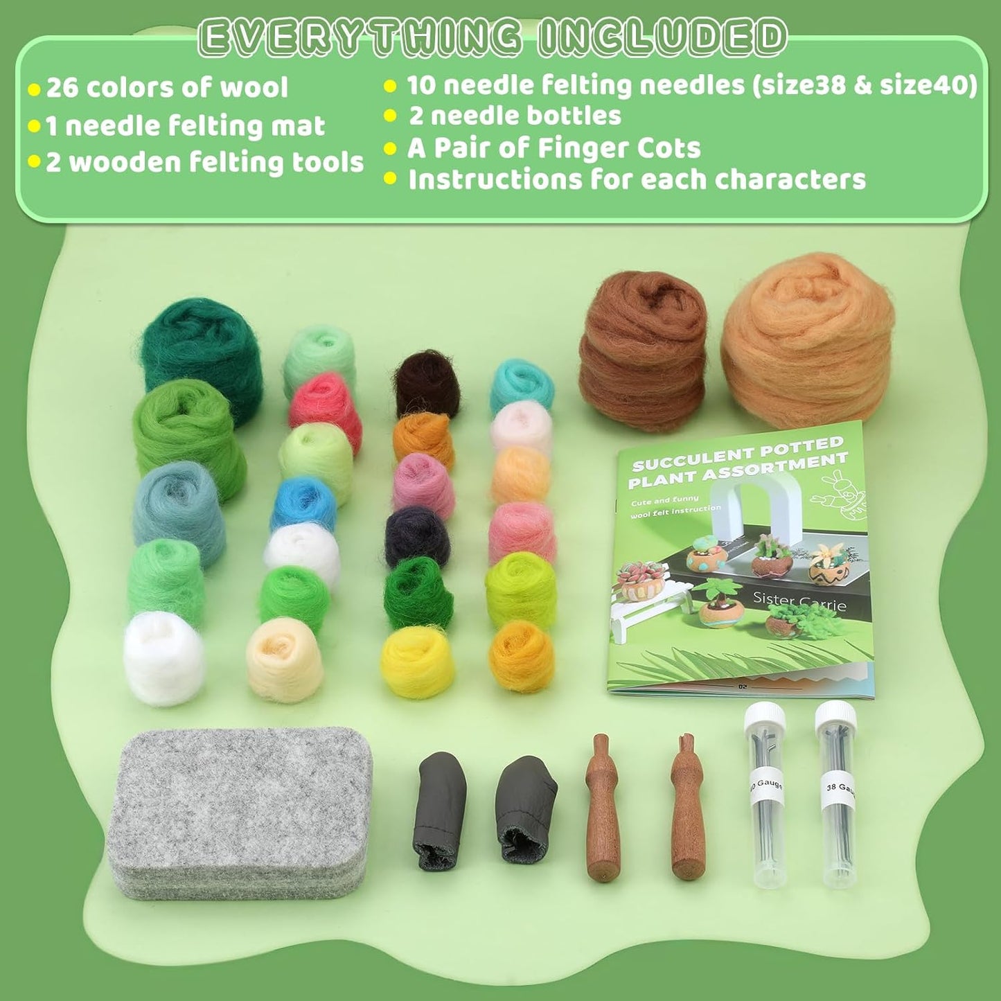 Yizzvb Needle Felting Kit, 6 Pcs Succulent Felting Kit for Beginner, Felting Kit, Needle Felting Tools Including Wool Roving, Foam Mat, Felting Needles and Instructions for DIY Felting Starters