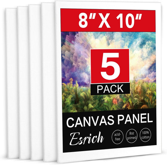 ESRICH Canvas Boards for Painting, 5 Pack Canvases for Painting 8x10 Cotton Primed Acid Free Blank Canvas Panels for Oil Paint, Watercolor, Acrylic Paint, Gouache and Tempera.